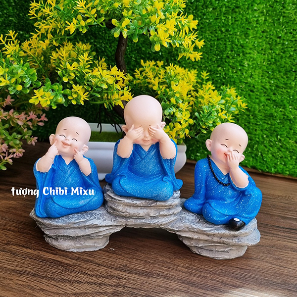 Bộ 03 tượng chú tiểu Tam Không áo xanh dương kèm chân đế giả đá